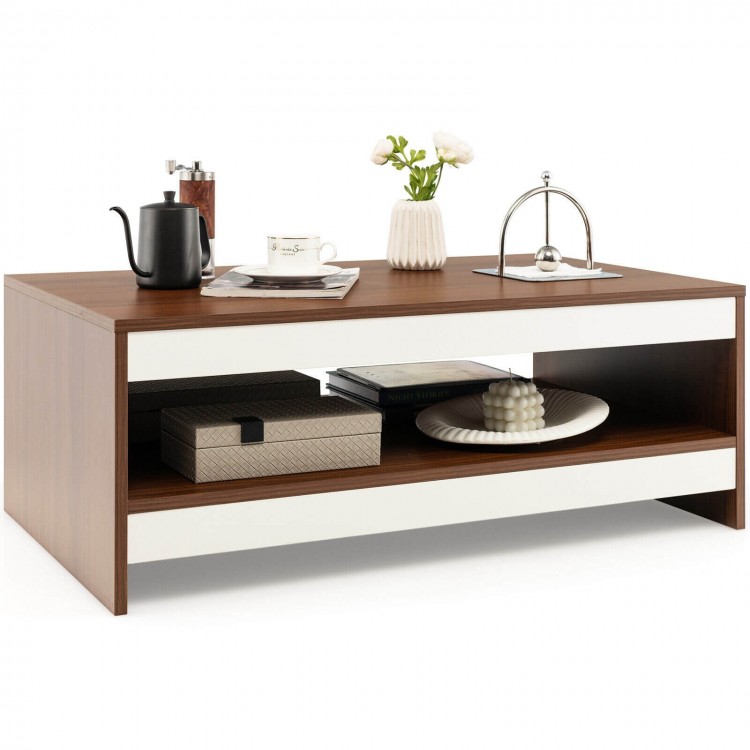 Rectangle wooden coffee table with storage shelf, featuring a modern design and spacious tabletop for living room use.