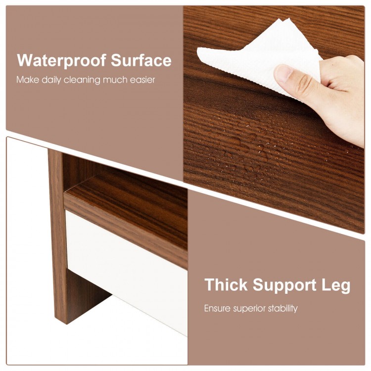 Close-up of the waterproof surface of the 37-inch wooden coffee table, showcasing easy cleaning and durability features.