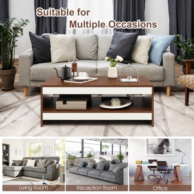 Rectangle wooden coffee table with storage shelf, modern design, suitable for living room, reception room, and office.