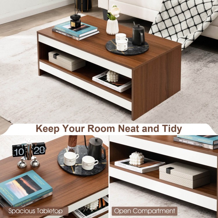 Wooden coffee table with spacious tabletop and open shelf, perfect for living room storage and display.