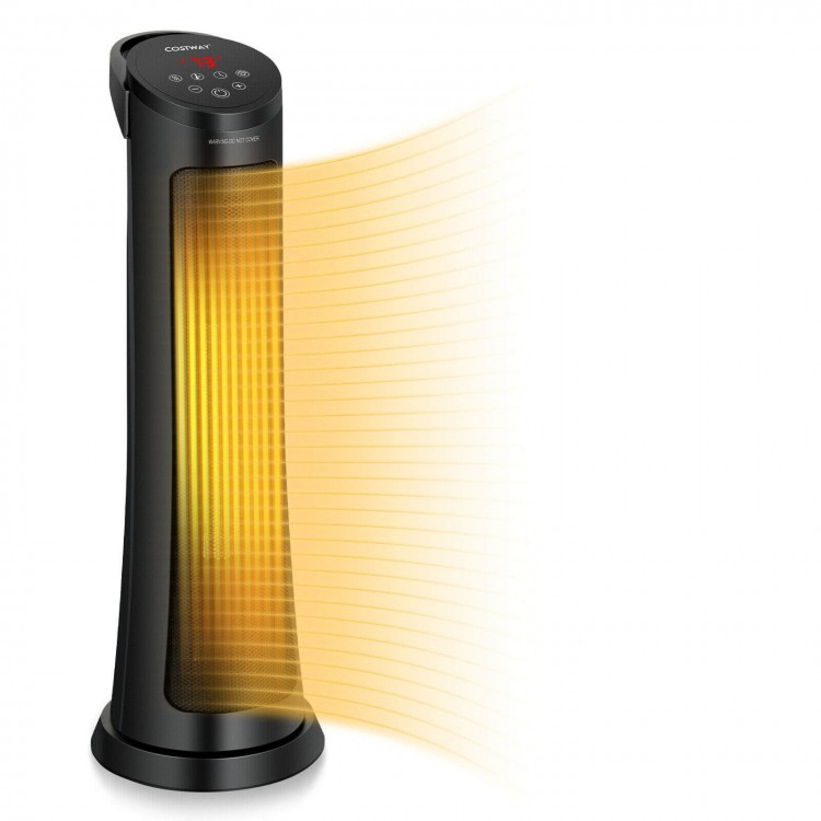 1500W PTC fast heating space heater in black with remote control, featuring a 60° oscillation for cozy warmth.
