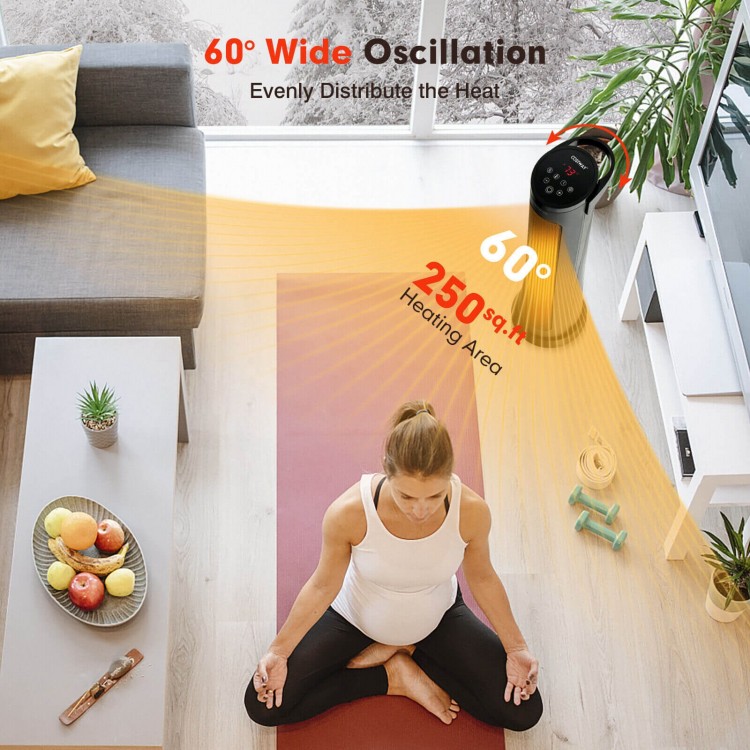 PTC ceramic space heater with 60° oscillation, remote control, and 1500W for efficient heating in a cozy living space.