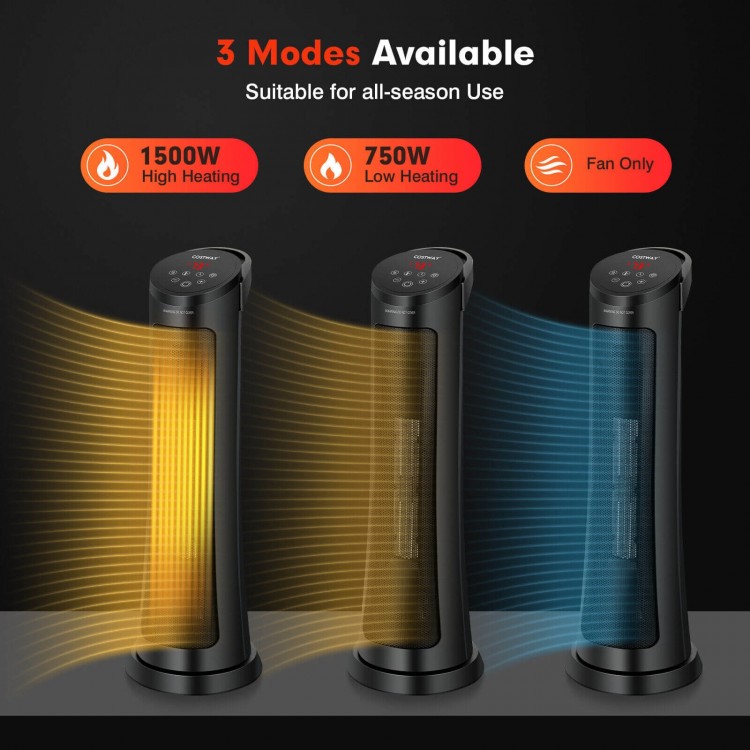 1500W PTC fast heating space heater with remote control, featuring 60° oscillation and two heat settings for year-round.