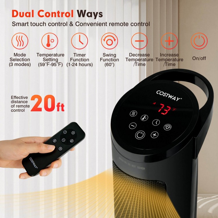 1500W PTC fast heating space heater in black with remote control, featuring 60° oscillation and adjustable temperature.