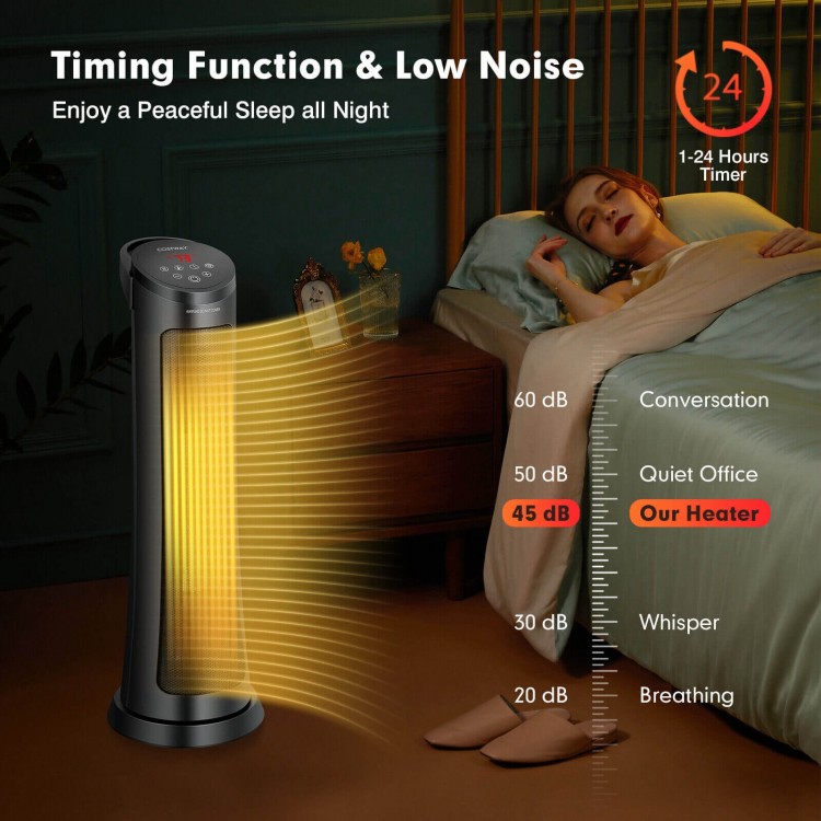 1500W PTC fast heating space heater in black with remote control, designed for quiet operation and efficient warmth.