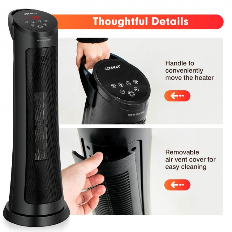 Close-up of the 1500W PTC space heater's removable air vent cover and convenient handle for easy portability.