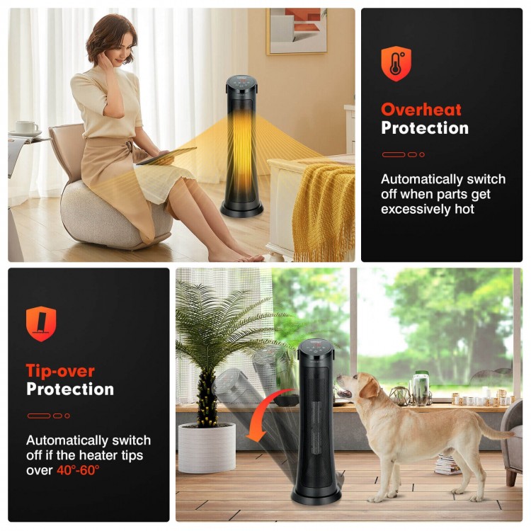 1500W PTC fast heating space heater in black with remote control, featuring tip-over and overheat protection for safe.