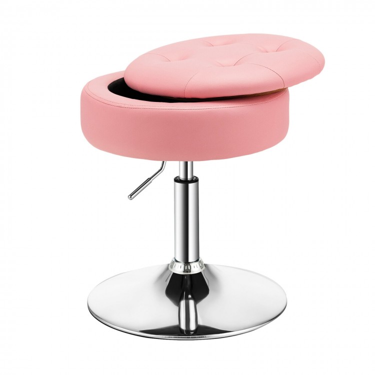 Adjustable pink swivel vanity stool with removable tray, hidden storage, and chrome base for modern home decor.