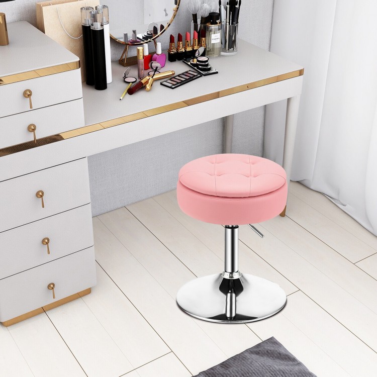 Adjustable pink vanity stool with removable tray, 360° swivel, and hidden storage for cosmetics, perfect for makeup.