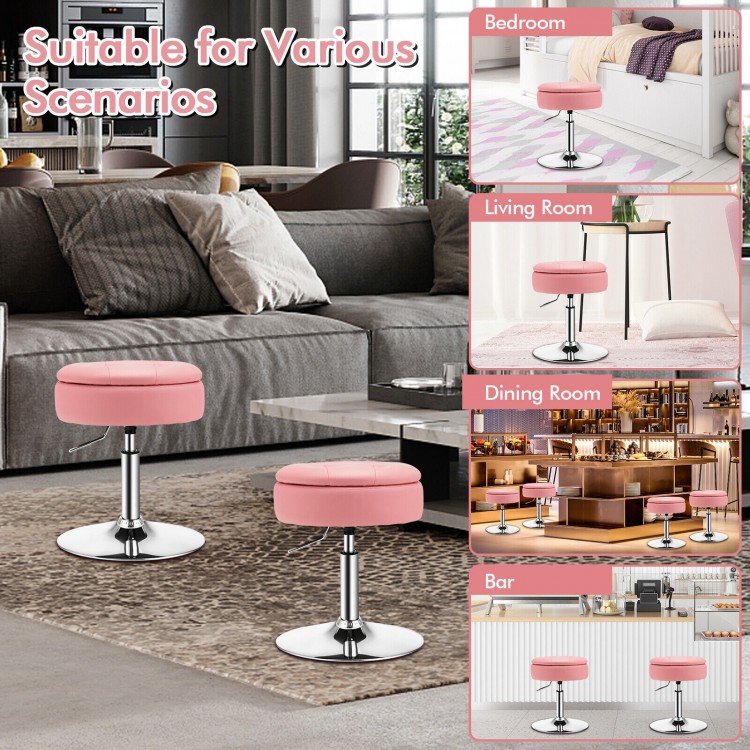 Pink adjustable 360° swivel vanity stool with removable tray, perfect for bedroom or living room use.