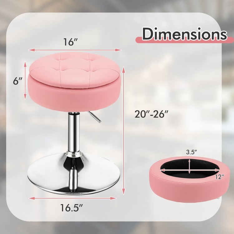 Adjustable pink swivel vanity stool with removable tray, 20"-26" height, featuring hidden storage for cosmetics and.