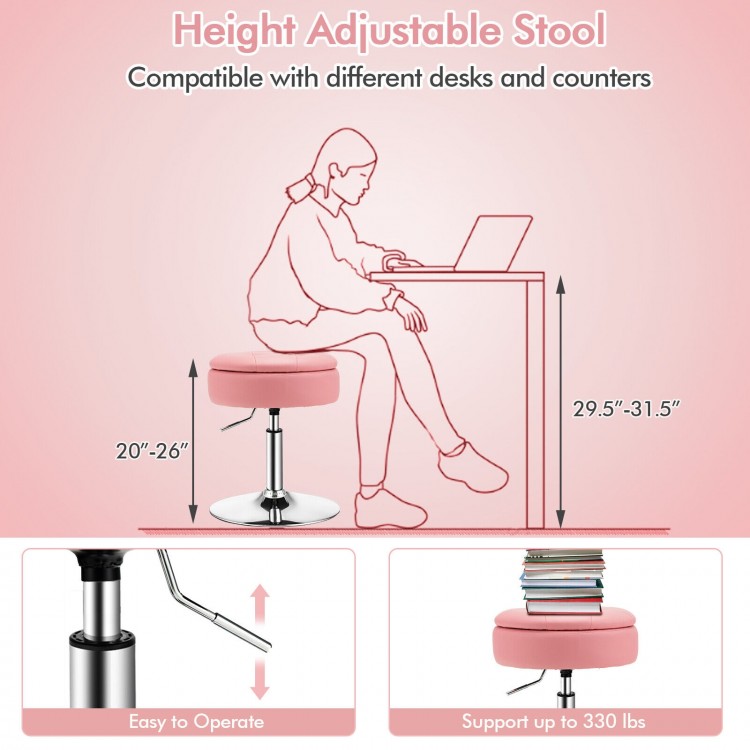 Adjustable pink vanity stool with 360° swivel, removable tray, and hidden storage for cosmetics, ideal for makeup rooms.