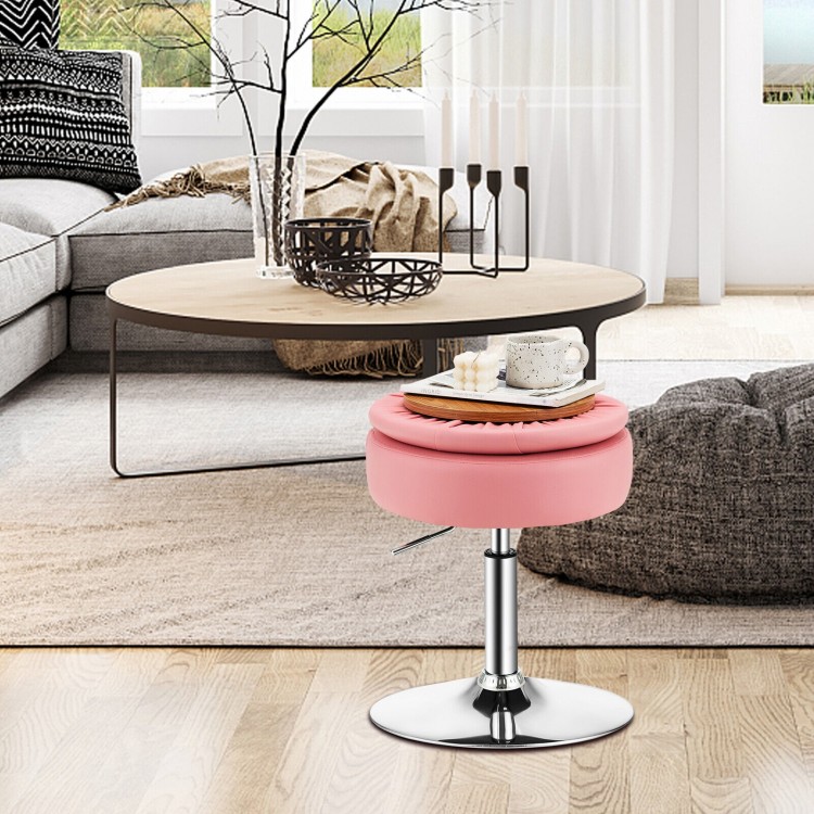 Adjustable pink vanity stool with removable tray, 360° swivel design, perfect for bedroom or living room use.