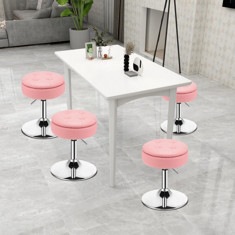 Adjustable pink swivel vanity stool with removable tray, chrome base, perfect for makeup rooms and living spaces.