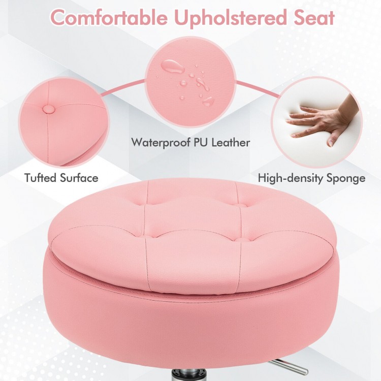Adjustable pink swivel vanity stool with waterproof PU leather, tufted surface, and hidden storage compartment for.