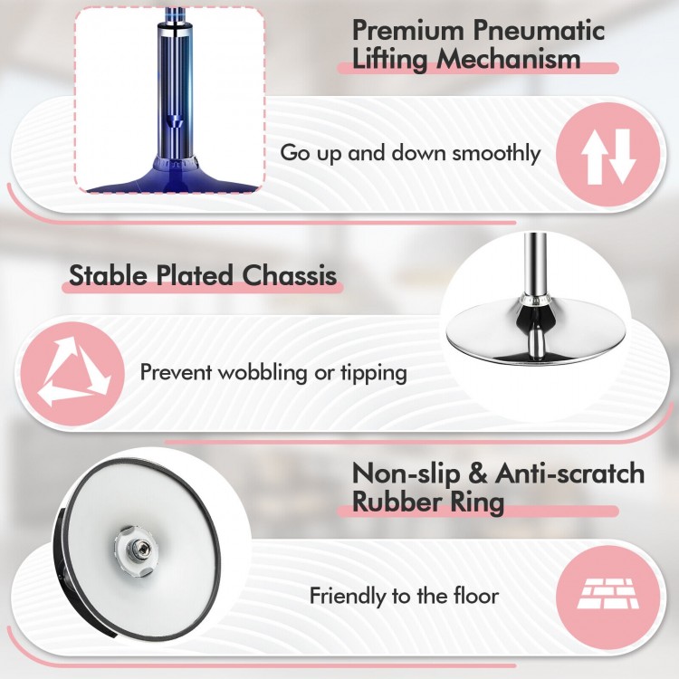 Adjustable pink vanity stool with removable tray, 360° swivel design, and non-slip rubber ring for stability.