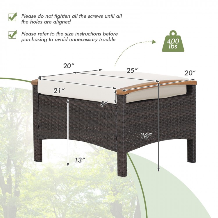 Wicker patio ottoman with soft cushion, fade-resistant PE wicker, and acacia wood handles for versatile outdoor use.