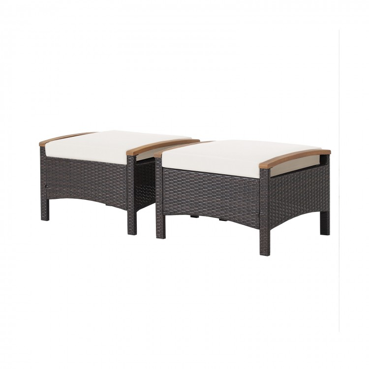 Side view of a fade-resistant wicker patio ottoman with soft white cushion and acacia wood handle, perfect for outdoor.