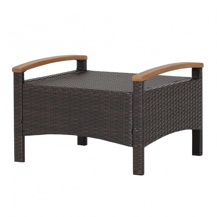 Wicker patio ottoman with acacia wood handles, fade-resistant brown PE wicker, ideal for outdoor seating or side table.