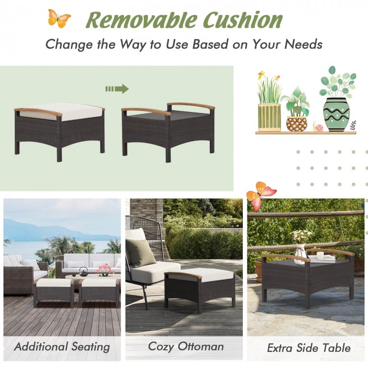 Set of 2 fade-resistant wicker patio ottomans with removable white cushions, ideal for extra seating or side tables.
