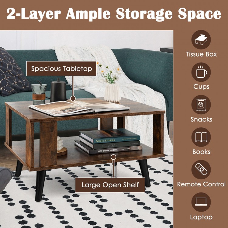 Compact retro coffee table in rustic brown with spacious tabletop and large open shelf for versatile storage.
