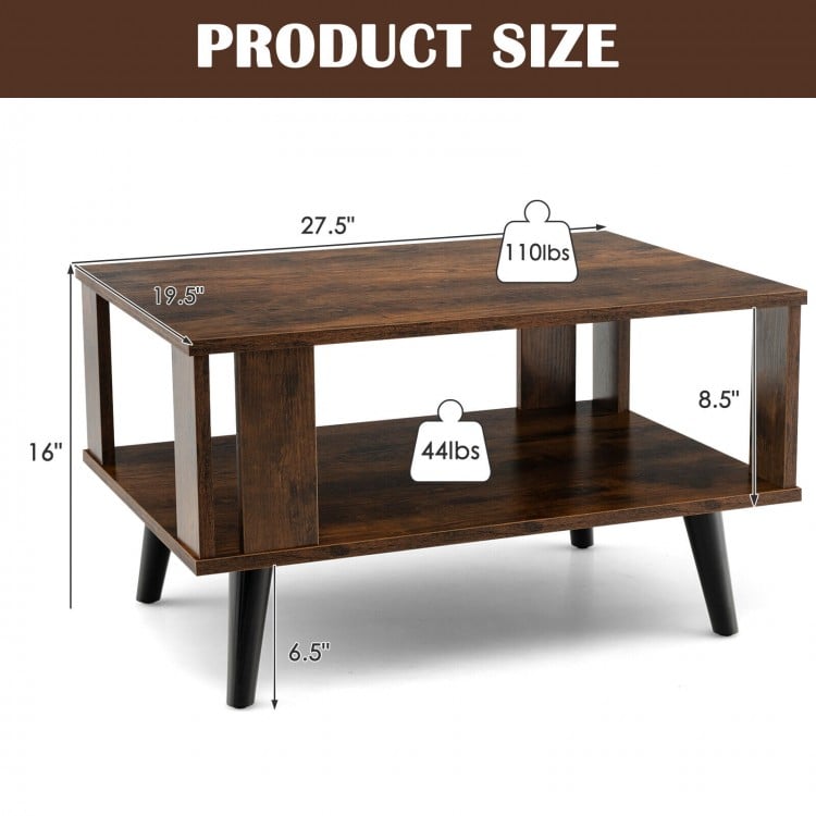 Compact retro mid-century coffee table in rustic brown with dimensions, open shelf, and sturdy construction for.