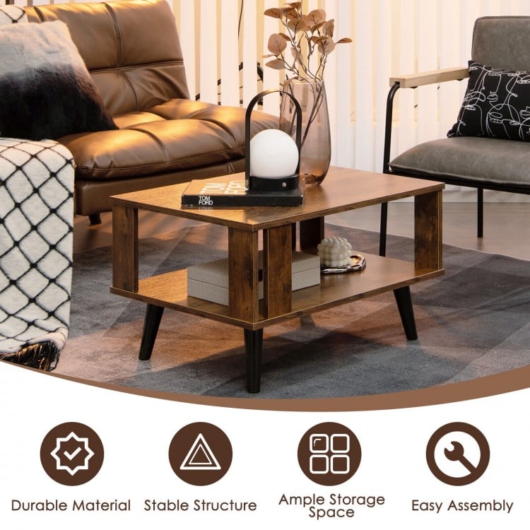 Compact retro mid-century coffee table in rustic brown with open shelf for ample storage, perfect for living rooms.