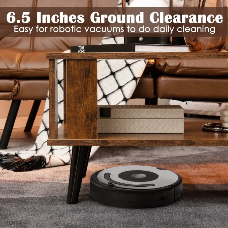 Compact retro mid-century coffee table in rustic brown with open shelf, ideal for living rooms and easy robotic vacuum.