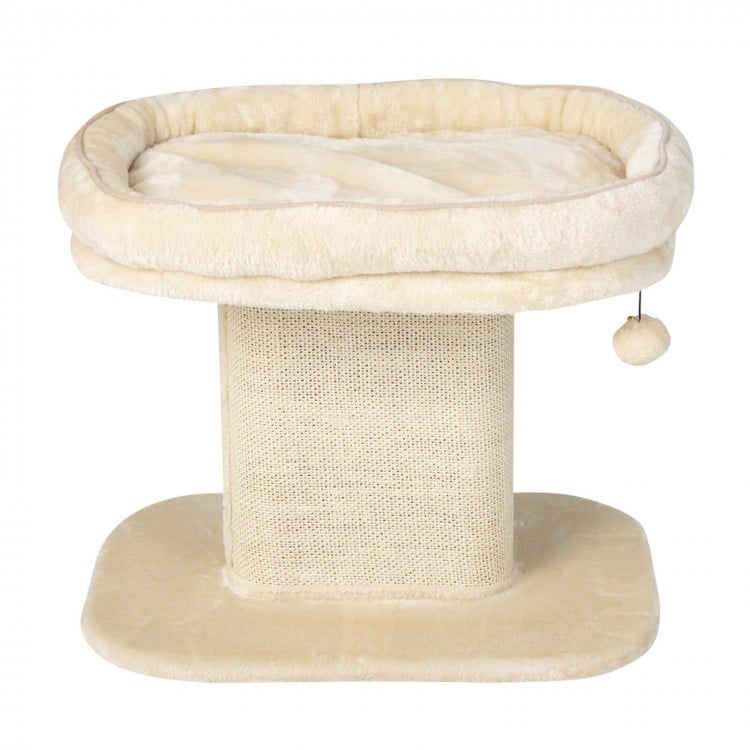 Modern cat tree tower in beige with plush perch, sisal scratching plate, and removable cushion for easy maintenance.