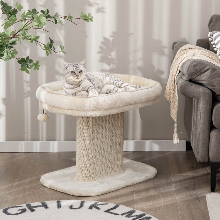 Modern cat tree tower featuring a large plush perch and sisal scratching plate in beige, perfect for relaxation and.