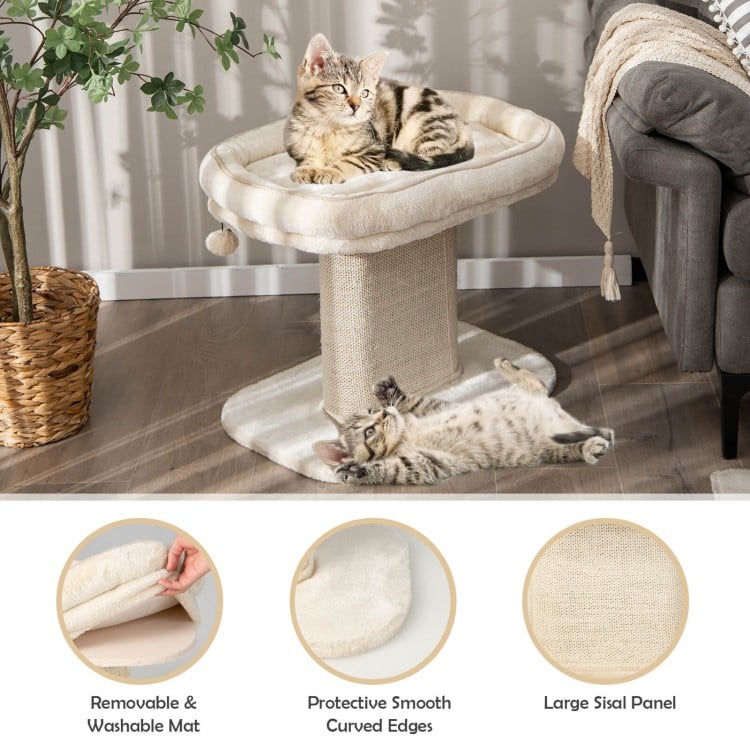 Modern cat tree tower featuring a large plush perch and sisal scratching plate in beige for playful relaxation.