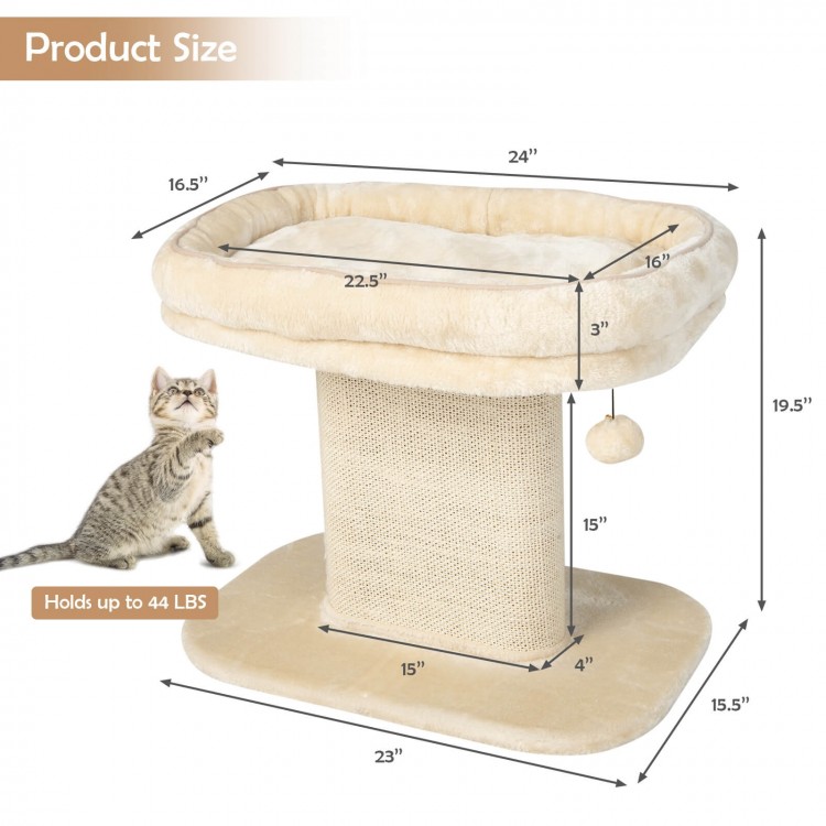 Beige modern cat tree tower dimensions with large plush perch, sisal plate, and stable wooden base for playful.