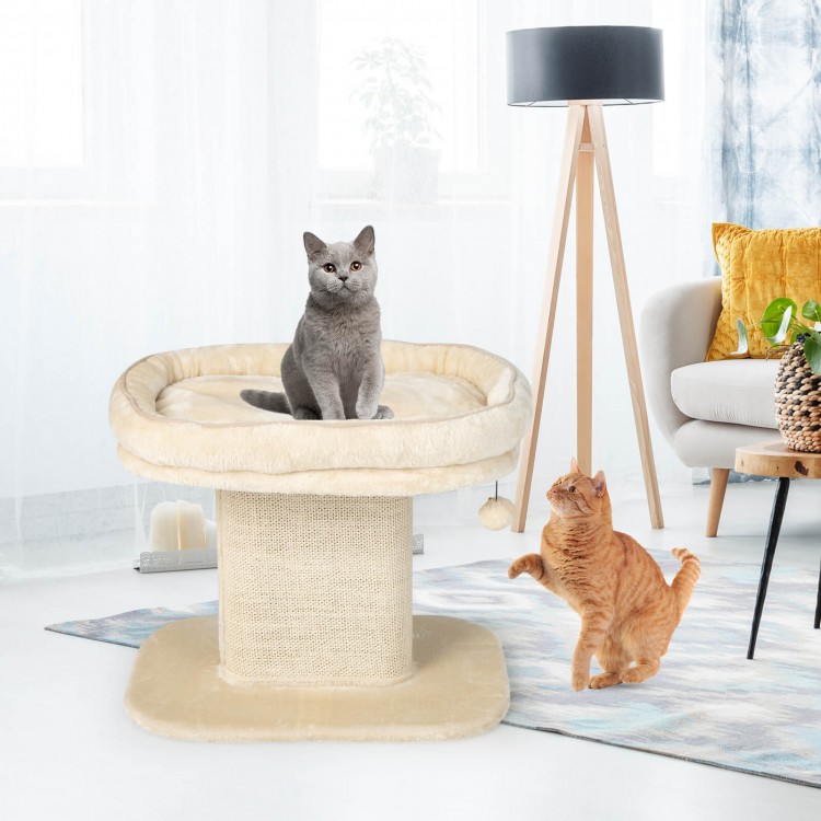 Large plush perch cat tree in beige with sisal scratching plate, perfect for relaxation and play in modern homes.