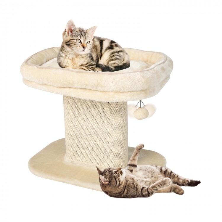 Cat tree tower in beige featuring a large plush perch, sisal scratching plate, and removable washable cushion for play.