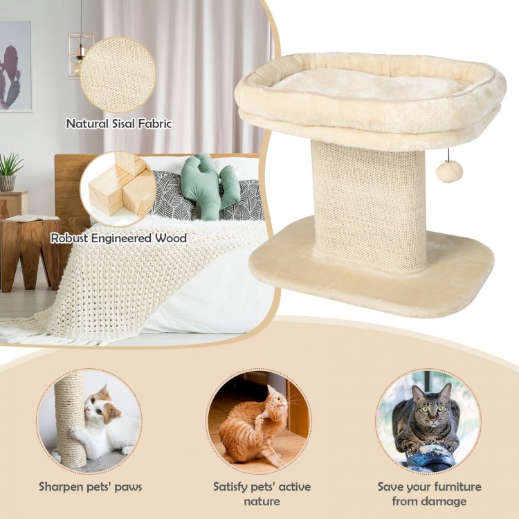 Modern cat tree tower with large plush perch and sisal scratching plate in beige, perfect for cats to relax and play.