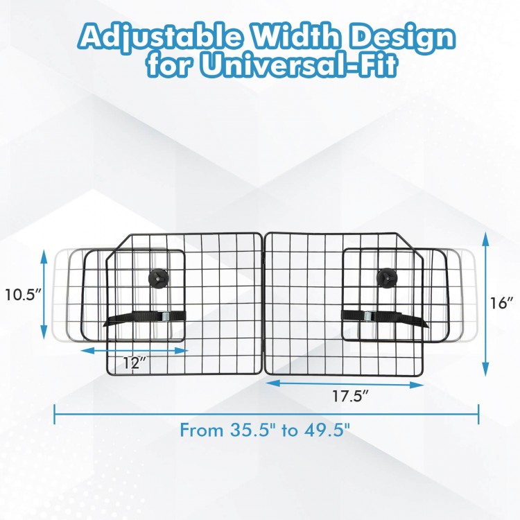 Folding pet divider gate with adjustable width, made of heavy-duty metal, designed for SUVs to prevent driving.