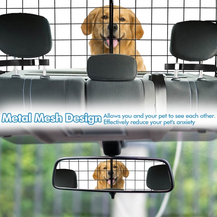 Folding pet divider gate with metal mesh design for SUVs, ensuring visibility and safety for pets during travel.