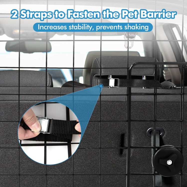Folding pet divider gate with adjustable design and two straps for SUVs, ensuring stability and preventing driving.