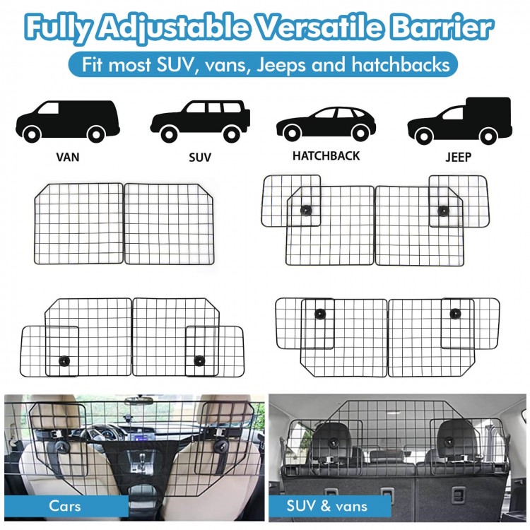 Folding pet divider gate for SUVs, featuring adjustable design, heavy-duty metal frame, and tool-free assembly.