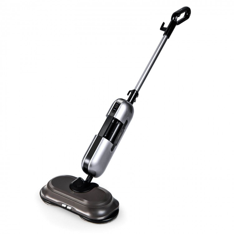 Detachable gray steam mop with LED headlights, 1100W motor, and dual rotating heads for efficient home cleaning.