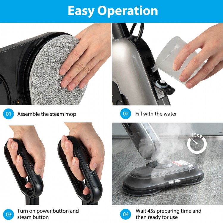 Handheld detachable steam mop with LED headlights, showcasing easy operation steps for efficient home cleaning.