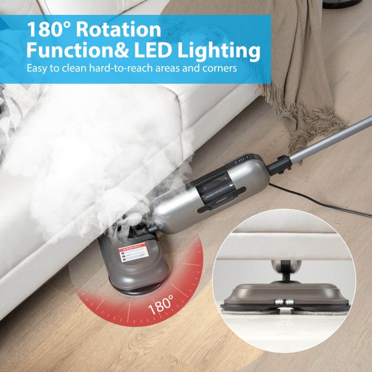 Handheld detachable steam mop with 180° rotation and LED lighting, ideal for cleaning hard-to-reach areas and corners.