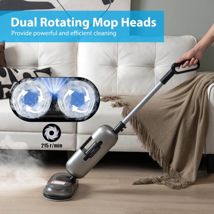 Handheld gray steam mop with dual rotating heads, LED headlights, and 210 RPM for efficient home cleaning.