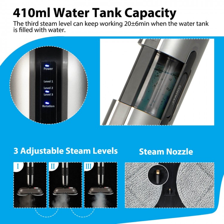 Close-up of the 410ml water tank of the 1100W handheld steam mop, showcasing adjustable steam levels for efficient.