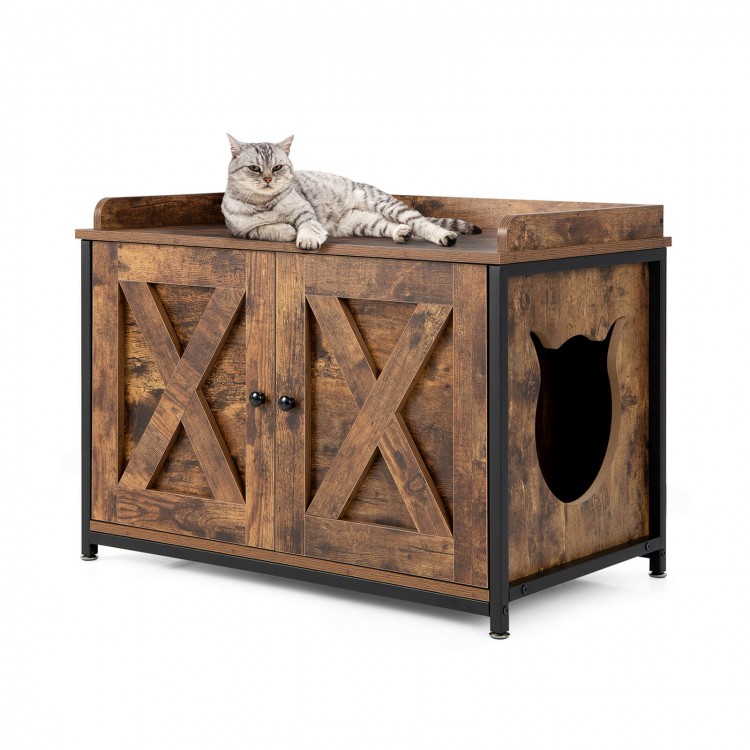 Cat litter box enclosure in brown with double doors, sturdy metal frame, and large tabletop for versatile use.