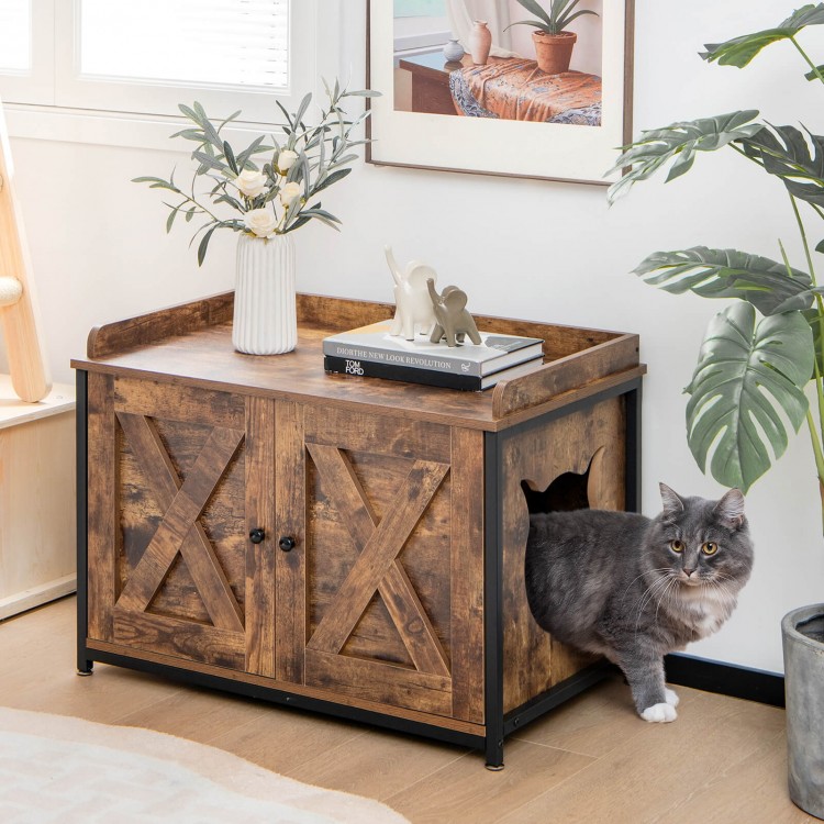 Cat litter box enclosure in brown with double doors, sturdy metal frame, and side entrance for easy access and.