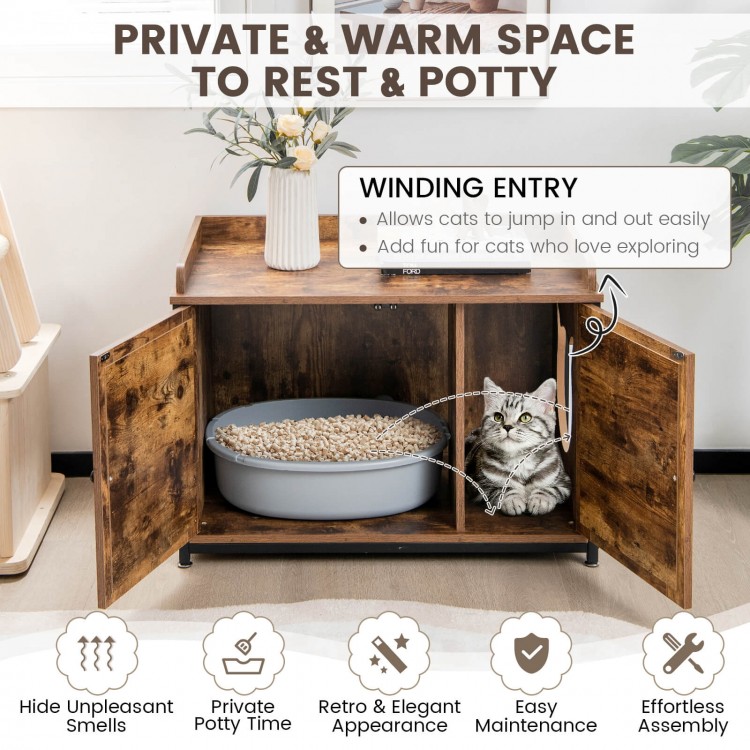 Cat litter box enclosure in brown with double doors, providing privacy and easy access for cats, ideal for home use.