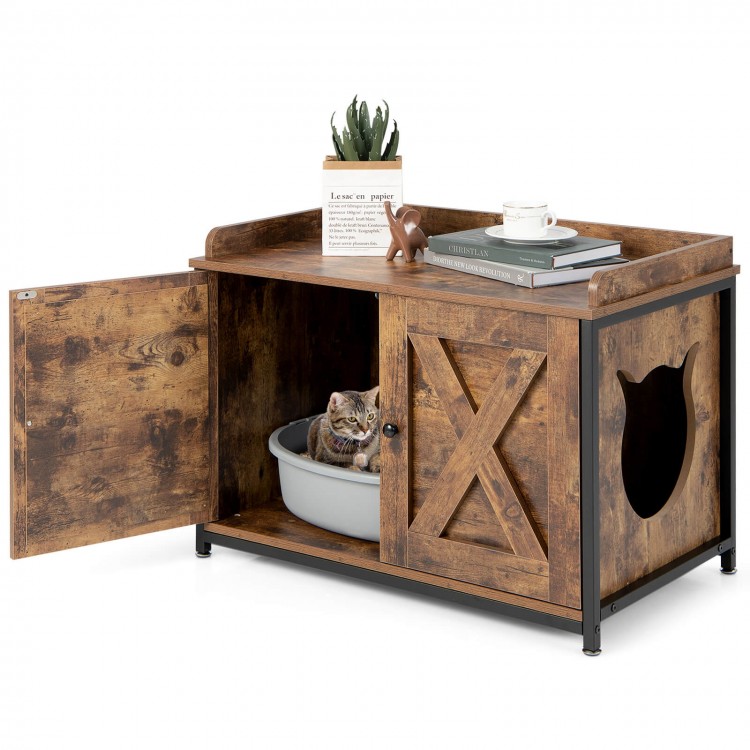 Brown cat litter box enclosure featuring a side entrance, protective guardrails, and a durable waterproof finish for.