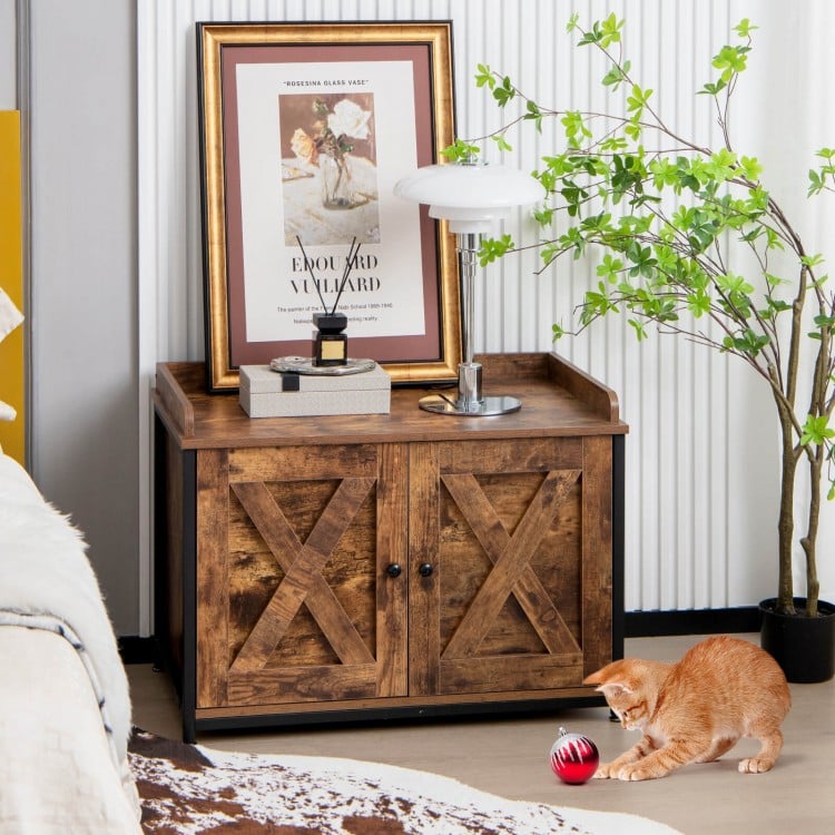 Brown cat litter box enclosure with double doors, adjustable footpads, and a large tabletop for versatile use.