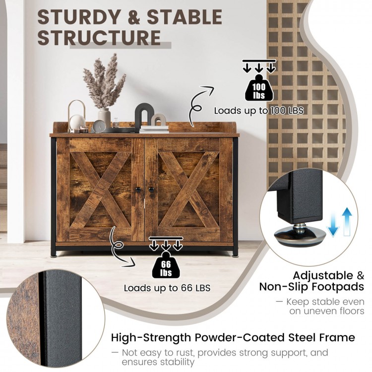 Cat litter box enclosure in brown with double doors, sturdy powder-coated steel frame, and adjustable footpads for.